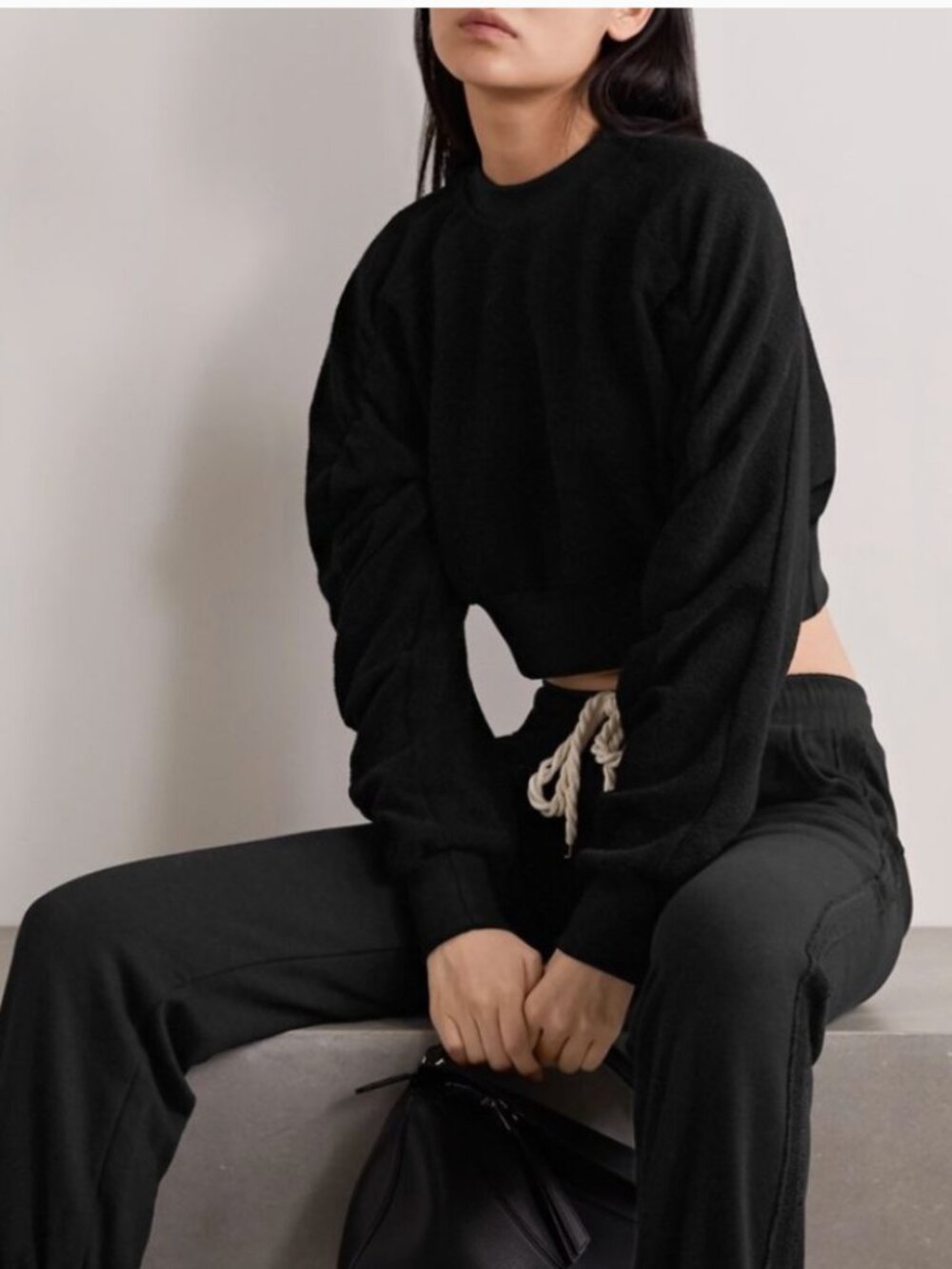 NWOT Twenty Montreal Sunnyside Cropped Ruched Cotton Black Terry Sweatshirt